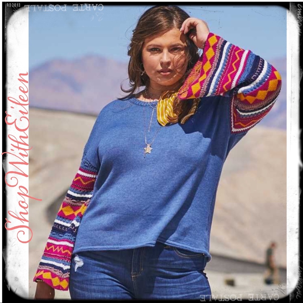 Killian BoHo Bohemian Patterned Sleeve Dusty Blue Bell Sleeve Sweater